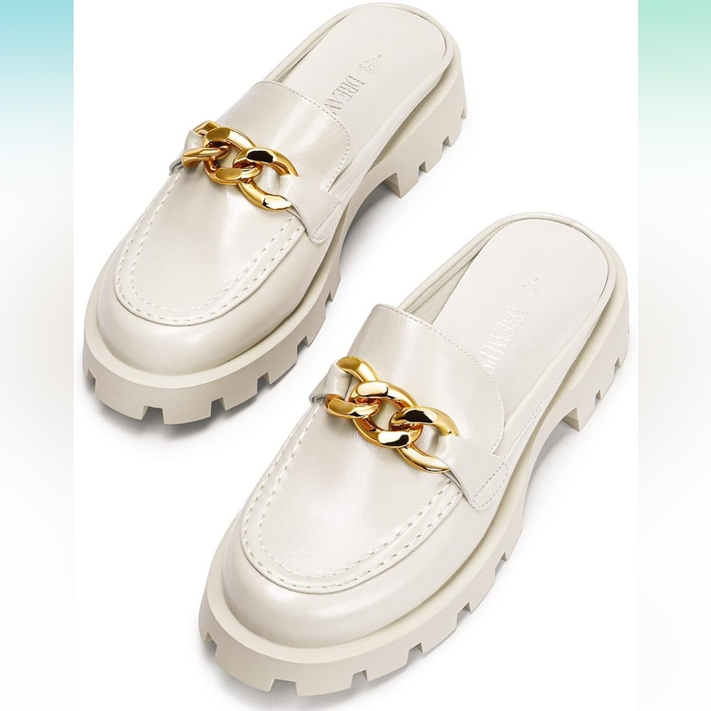 Cream Loafers with Gold Chain Accent
